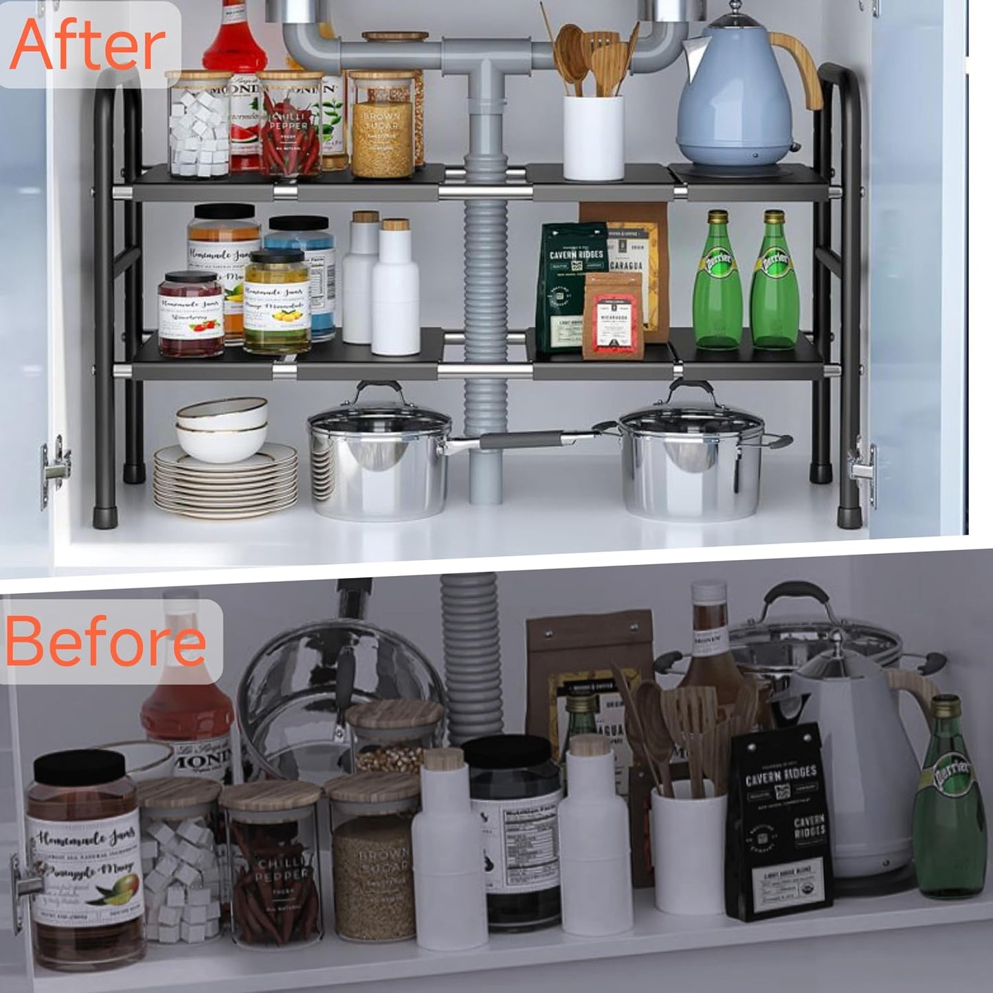 Under Sink Organizer，2 Tier Expandable Heavy Duty Metal Shelf，with 5 Removable Panels and 5 Storage Basket for Under Kitchen Bathroom Sink Organizers and Storage(Black, Large)