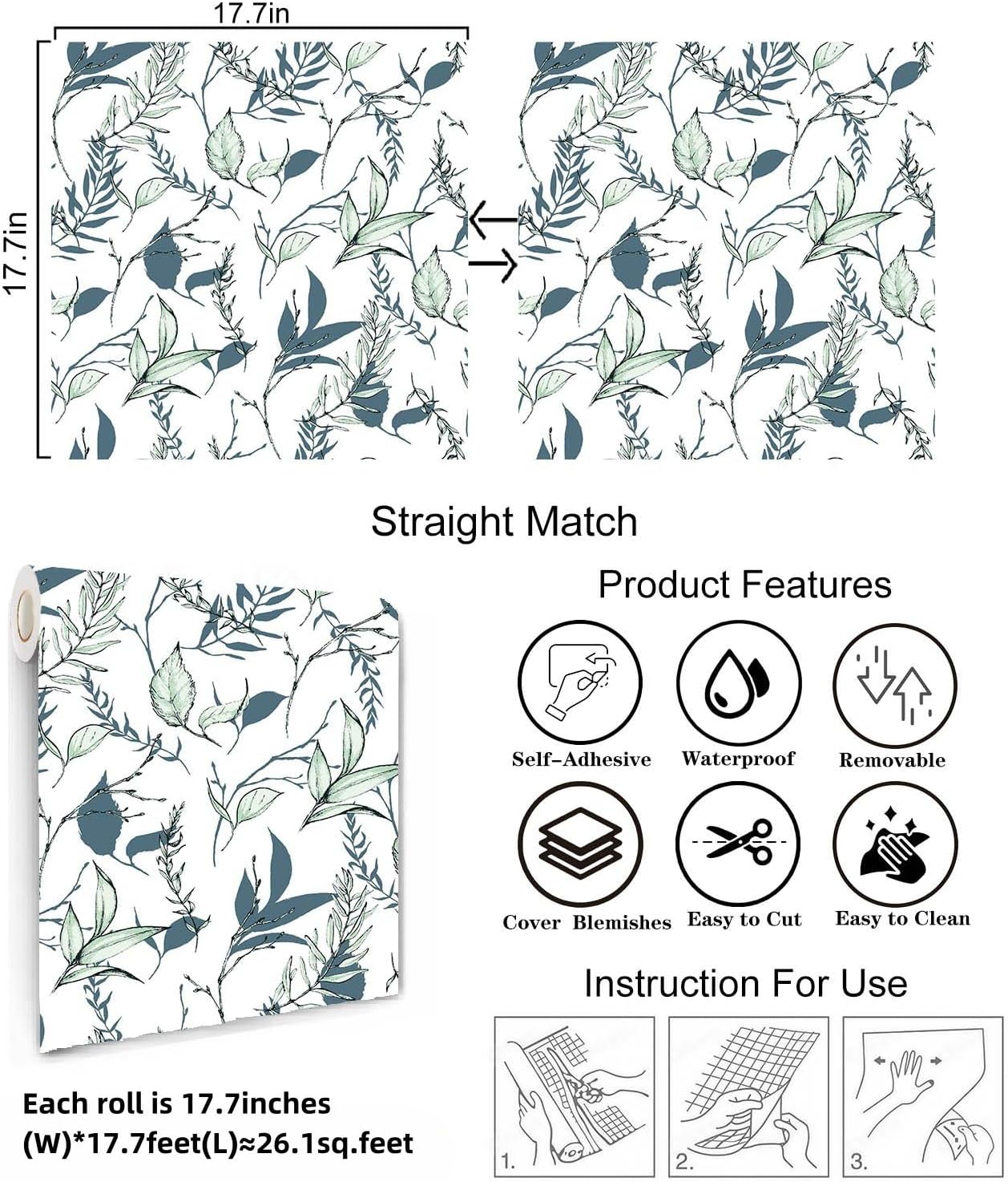 Sage Green and Blue Leaf Peel and Stick Wallpaper Modern Removable Self Adhesive Waterproof Renter Friendly Wall Covering for Bathroom and Accent Walls 17.7in x 88.5in