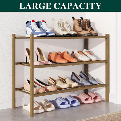 Smiry Bamboo Shoe Rack for Closet, 3 Tier Wooden Shoe Organizer, Stackable Wood Shoe Storage Shelf for Entryway, 14 Vertical Slats, One-piece Heavy-Duty Legs, 26.77"x11.02"x18.31", Natural
