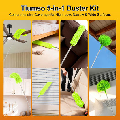 Tiumso Dusters for Cleaning,Microfiber Feather Duster 5-in-1 Kit, Duster with Extension Pole 100 Inches, Cobweb Duster, Microfiber Dusters for High Ceilings and Fans, Blinds and Cars