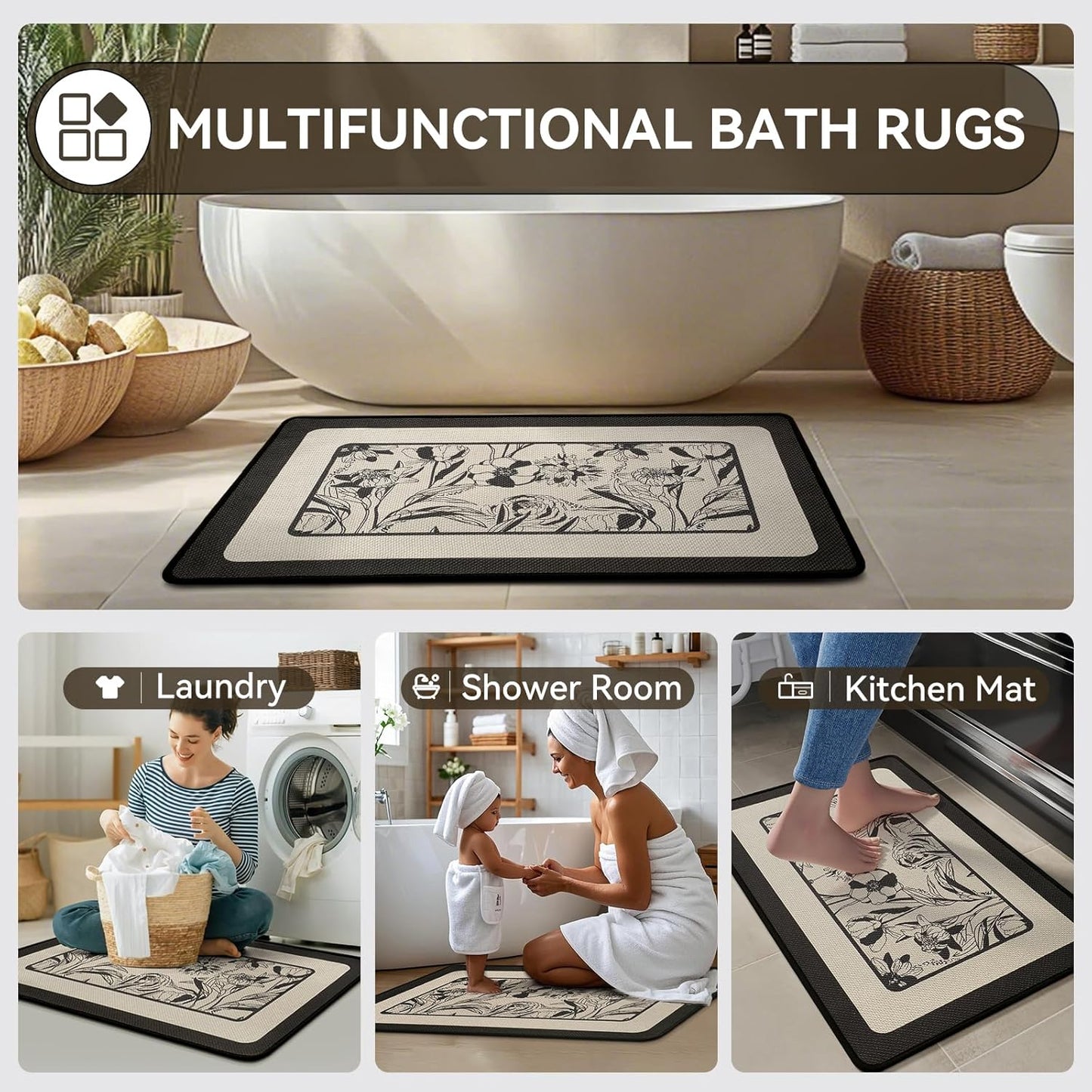 YDKGL Ultra Thin Bathroom Rugs Mat Quick Dry Absorbent Non Slip Bath Mat Bath Mats for Bathtub Mat Bathroom Carpet Fit Under Door Washable Floor Rubber Half Round Bath Rugs Grey 16x24