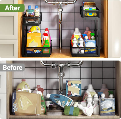 Under Sink Organizer 2-Pack, Metal 2-Tier Pull-Out Cabinet Shelf with Slide-Out Mesh Drawers, Height Adjustable, Space-Saving Under Sink Storage Racks for Kitchen, Bathroom, Laundry Room