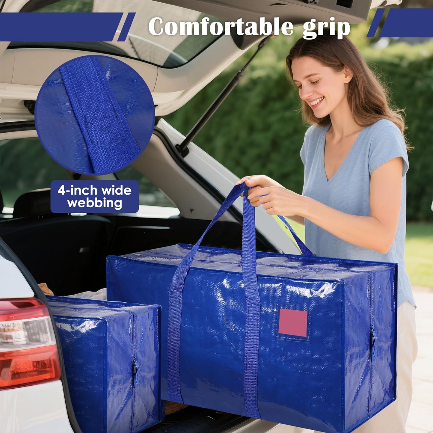 6 Pack Moving Bags Heavy Duty 210GSM with Full-Open Side Zipper, 93L 220lbs Waterproof Foldable Storage Totes for College Dorm Move-In, Moving Boxes Alternative & Home Organization, Blue