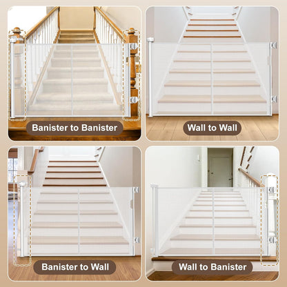 Upgraded Retractable Baby Gates for Stairs & Banister, Mesh Dog Gate Indoor, Extends to 55" Wide 33" Tall, Child Safety Gate for Stairway, Banister & Wall Mount (White)