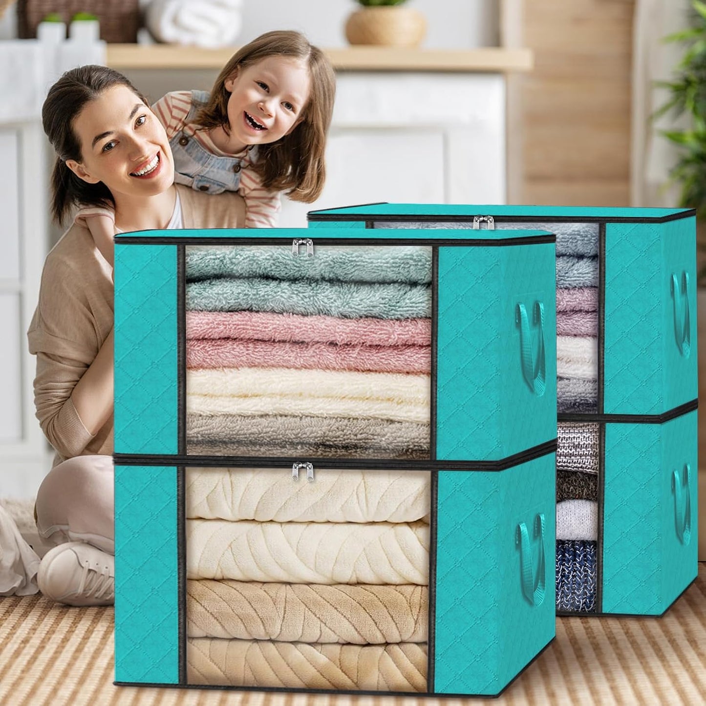 Fab totes 6 Pack Storage Bags for Clothes and Blanket, Foldable Closet Organizers and Storage with Zippers, Clear Window and Handles, Fabric Storage Bins for Sweater, Comforter, Bedding,Linen Sheets