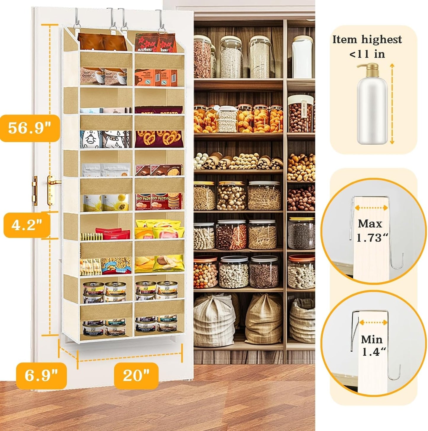 Over The Door Organizer, 5-Tier Extra Large Behind Door Storage with 10 Big Front & 10 Mesh Pockets, 80lb Capacity, Hanging Storage Organizer with Clear Window Kids Toys, Shoes, Diapers, Light Grey