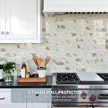 Vamos Tile Glossy Dolomite White Backsplash Tile Peel and Stick, 12.8 x 12.8 Inch 10 Sheets Long Hexagon PVC Self Adhesive Mosaic Wall Tiles Stick on Backsplash for Kitchen and Bathroom