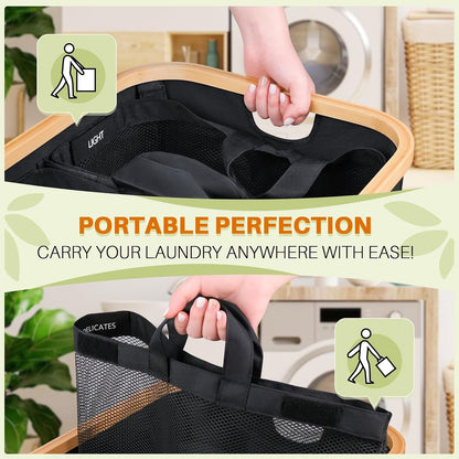 160L Laundry Hamper with Lid, 3 Section Laundry Basket with 3 Removable Bag | Clothes Hampers for Laundry with Bamboo Frame Handle, Large Dirty Clothes Hamper for Laundry Room, Bathroom, Bedroom, Black