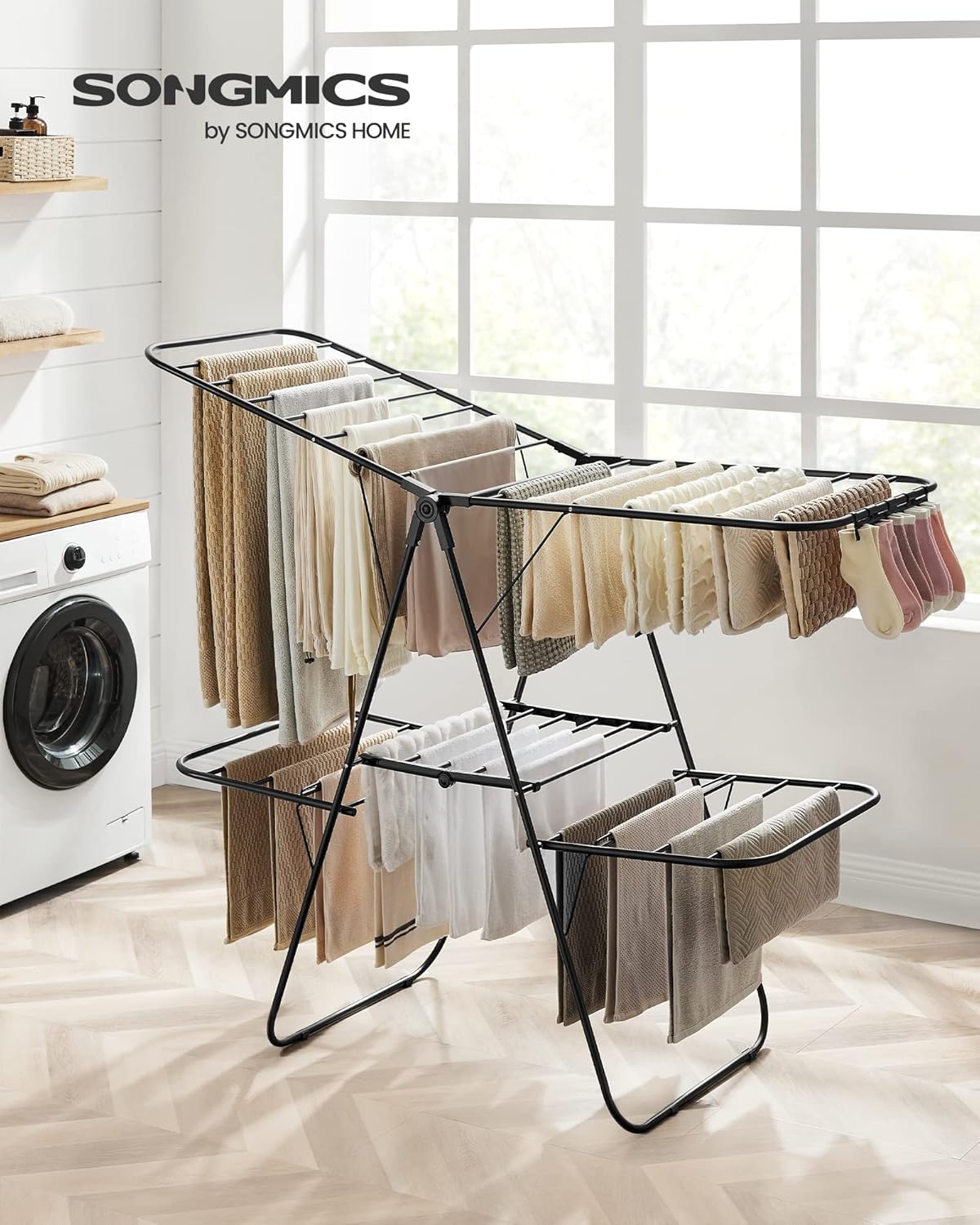 SONGMICS Clothes Drying Rack, with Sock Clips, Metal Laundry Rack, Foldable, Space-Saving, Free-Standing Airer, with 2 Height-Adjustable Gullwings, Indoor Outdoor Use, Gray ULLR052G01