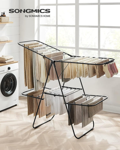 SONGMICS Clothes Drying Rack, with Sock Clips, Metal Laundry Rack, Foldable, Space-Saving, Free-Standing Airer, with 2 Height-Adjustable Gullwings, Indoor Outdoor Use, Gray ULLR052G01