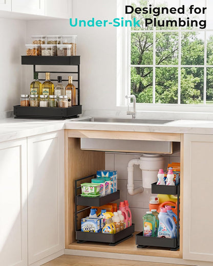 EVERIE Height Adjustable 2 Tier Metal Pull Out Slide Shelf Organizer for Under Sink Cabinets in Kitchen, Bathroom, with Snap-on Top Tray, 16" Deep (Black, 2 Sets) | Pull Out