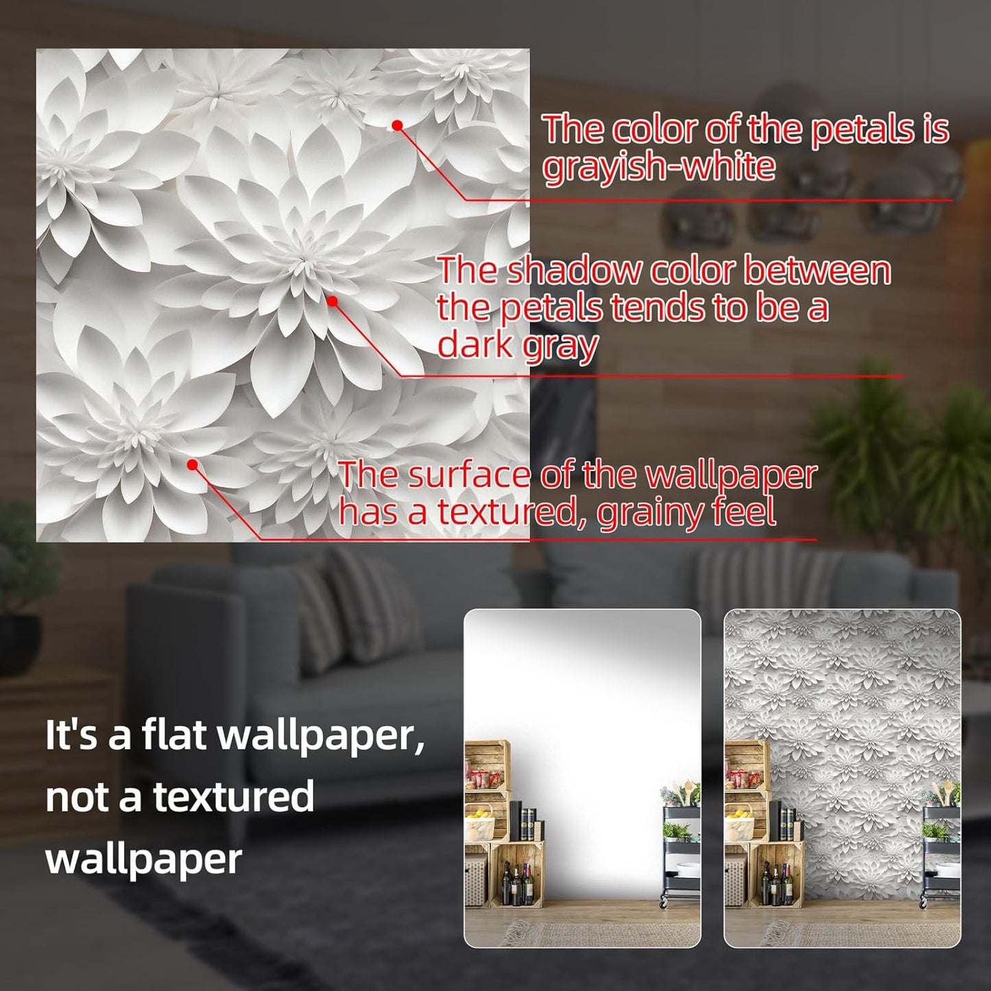 Floral Peel and Stick Wallpaper 3D Effect Interior Wall Décor Contact Paper Self Adhesive Removable Renter Friendly for Bedroom Living Cabinet Room 17.7in x 9.8ft (Not Textured Wallpaper