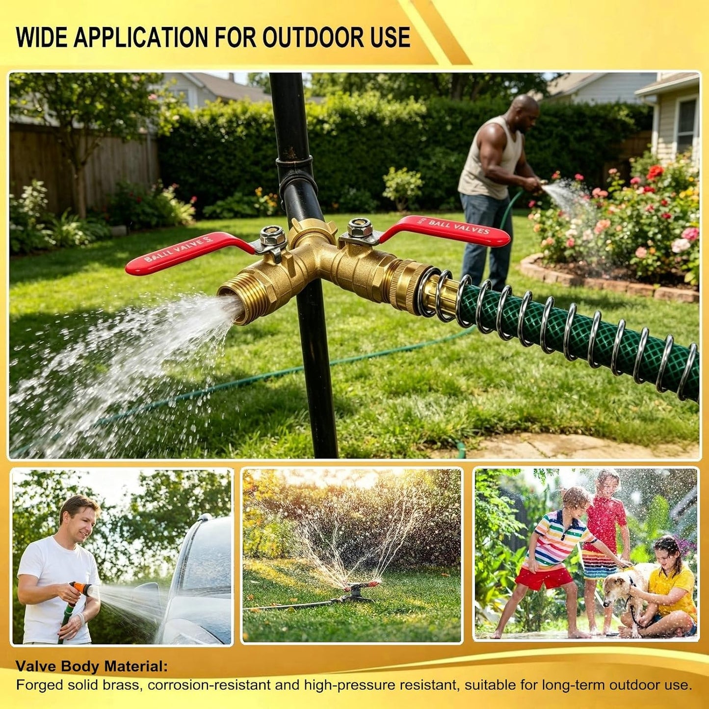 3/4 Inch Brass Y Garden Hose Splitter, 2-Way Outdoor Water Tap Ball Valve Connector with Individual Shut-Off Long Handles, Heavy-Duty Brass Spigot Diverter for Lawn Irrigation, Car Washing