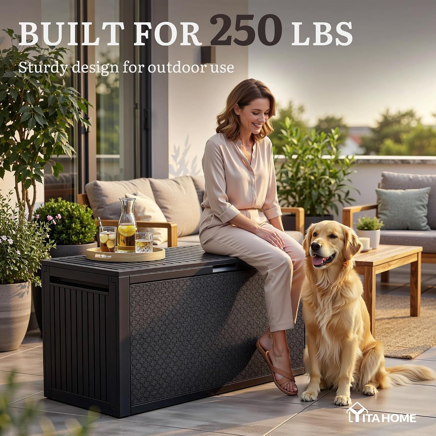 YITAHOME 100 Gallon Large Outdoor Deck Box | Waterproof Resin Storage Box, Lockable Indoor Outdoor Storage Container for Patio Furniture Cushions, Pool Accessories