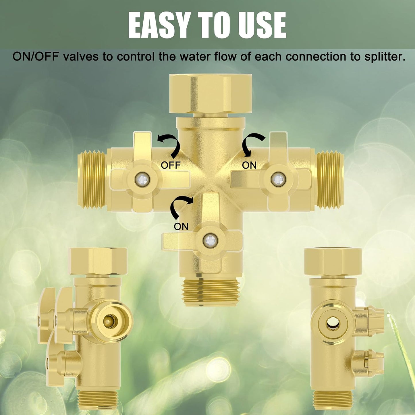 YANWOO Heavy Duty Metal 3 Way + Type Garden Hose Splitter with Shut-Off Valves, 3/4" High Flow Spigot Faucet Connectors with 4 Extra Silicone Washers(Golden)