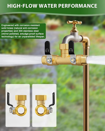 Hose Splitter 2 Way, Heavy Duty Brass Garden Hose Splitter, Water Hose Bib Spigot Splitter with 0.59" Full Flow Ball Valve Outlet & Shut-Off Valve 3/4'' Connector Outdoor Water Faucet Adapter