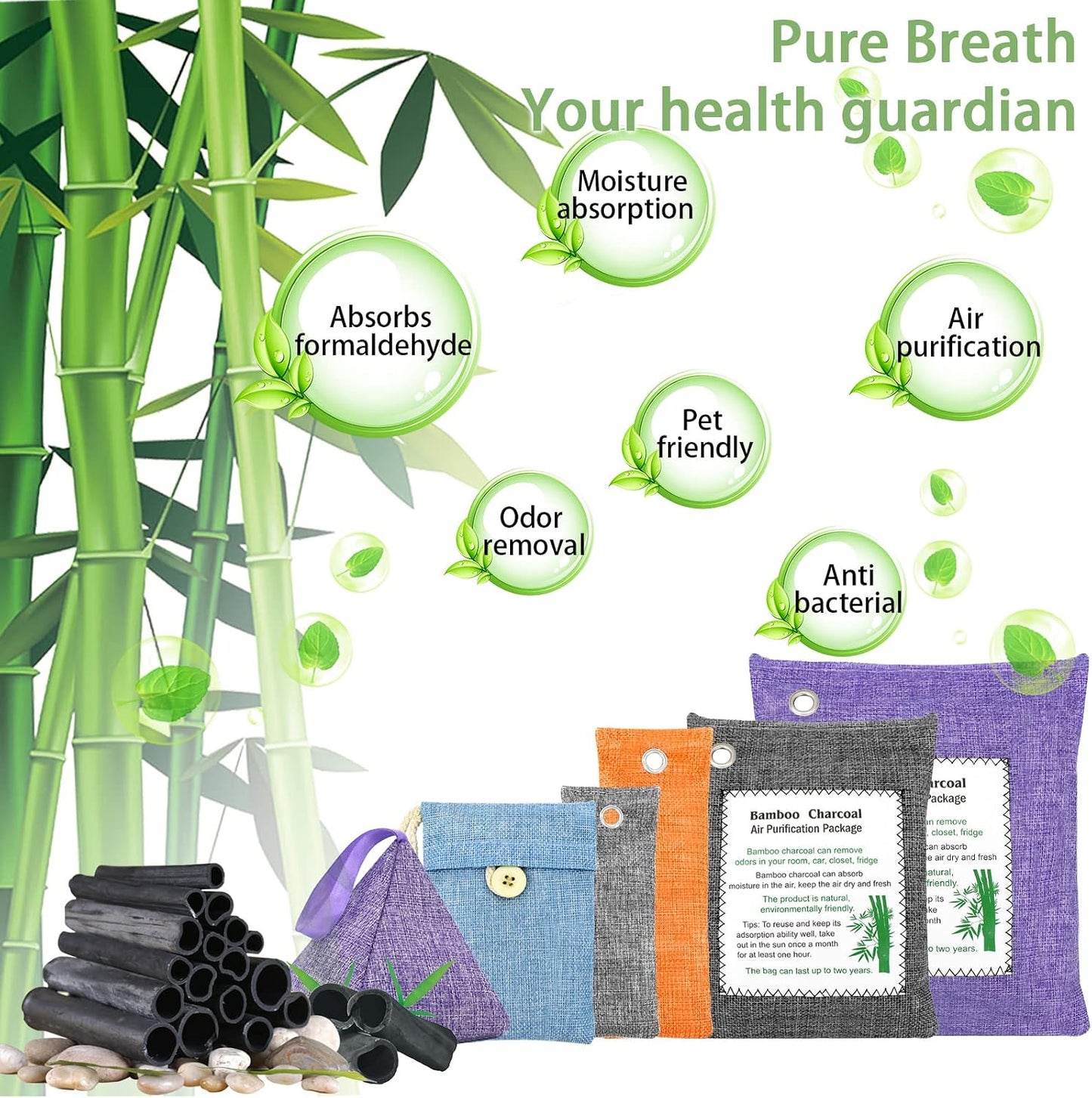 Charcoal Bags Odor Absorber (10x100g+4x200g) Activated Bamboo Charcoal Air Purifying Bags Charcoal Odor Eliminating Bags for Home & Car Shoes, Closet, Pet -14 PACK