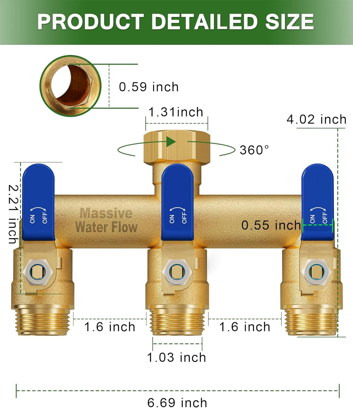 3 Way Hose Splitter, Heavy Duty Full Flow Garden Water Hose Bib Spigot Splitter, Brass Rust and Freeze Resistant Outdoor Faucet Splitter, T Adapter Connector with 3/4 - Inch GHT Thread （Green）