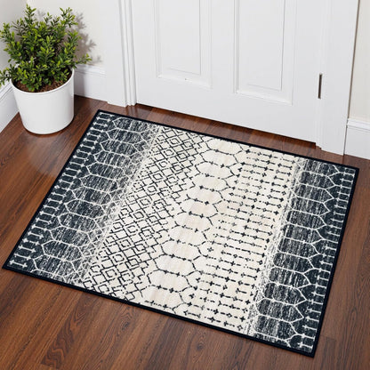 Lahome Moroccan Entry Rug 2x3, Non-Slip Washable Front Indoor Door Mat Rubber Backing Low-Profile Door Rugs, Small Geometric Print Distressed for Entryway Bathroom Kitchen, Black Hana