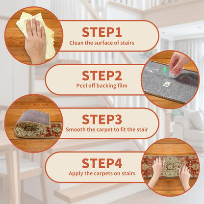 Non-Slip Carpet Stair Treads 15PCS, 8"x30" Peel and Stick Stair Runner for Wooden Steps Indoor, Washable Reusable Adhesive Backing, Pet-Friendly Safety Mats for Kids, Elders, Dogs