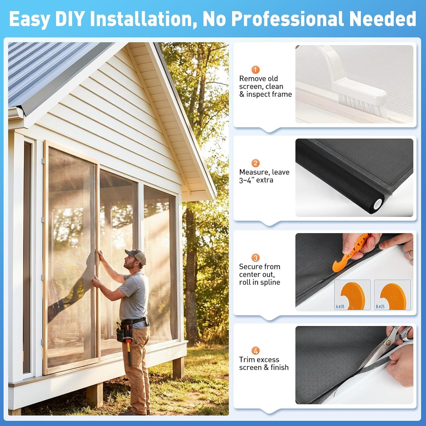 MAGZO Window Screen Replacement Mesh 48"W x 99"L - Pet Resistant Premium & Durable Polyester Screen Door Mesh, Allows Fresh Air In, DIY Repair Kit Includes Tool for Sliding Doors,Windows,Patio, Gray