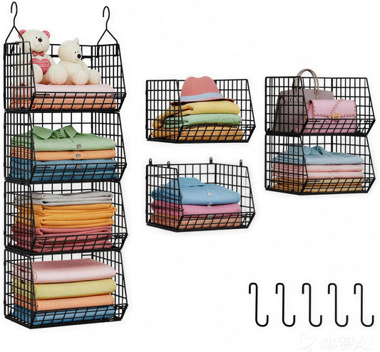X-cosrack 4 Tier Closet Hanging Organizer, Foldable Closet Shelving with 2 Hanging Hooks 5 S Hooks, Wire Storage Basket for Wardrobe Laundry Room, for Clothing Sweaters Shoes Handbags Patent-White