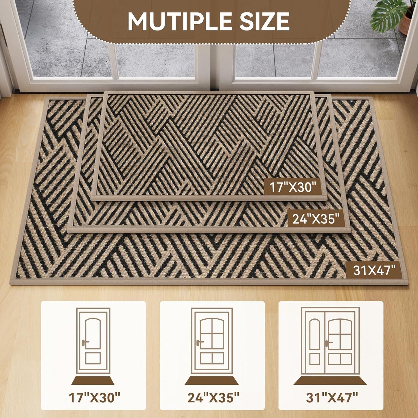 Door Mat Indoor Outside Entrance 17"x30", Low-Profile Non Slip Outdoor Inside Doormat Entryway Mat, Dirt Resistant Absorbent Front Porch Welcome Entry Mats, Washable Easy Clean, Brown