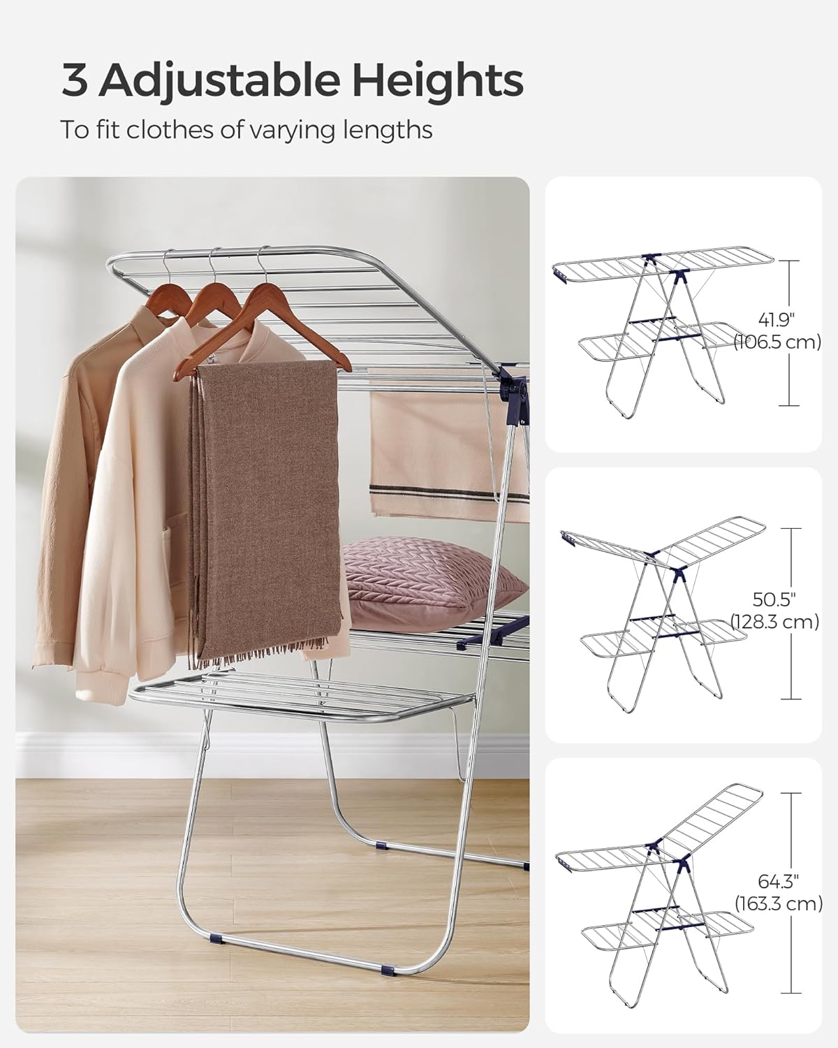SONGMICS Clothes Drying Rack, with Sock Clips, Metal Laundry Rack, Foldable, Space-Saving, Free-Standing Airer, with 2 Height-Adjustable Gullwings, Indoor Outdoor Use, Gray ULLR052G01