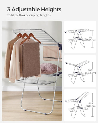 SONGMICS Clothes Drying Rack, with Sock Clips, Metal Laundry Rack, Foldable, Space-Saving, Free-Standing Airer, with 2 Height-Adjustable Gullwings, Indoor Outdoor Use, Gray ULLR052G01