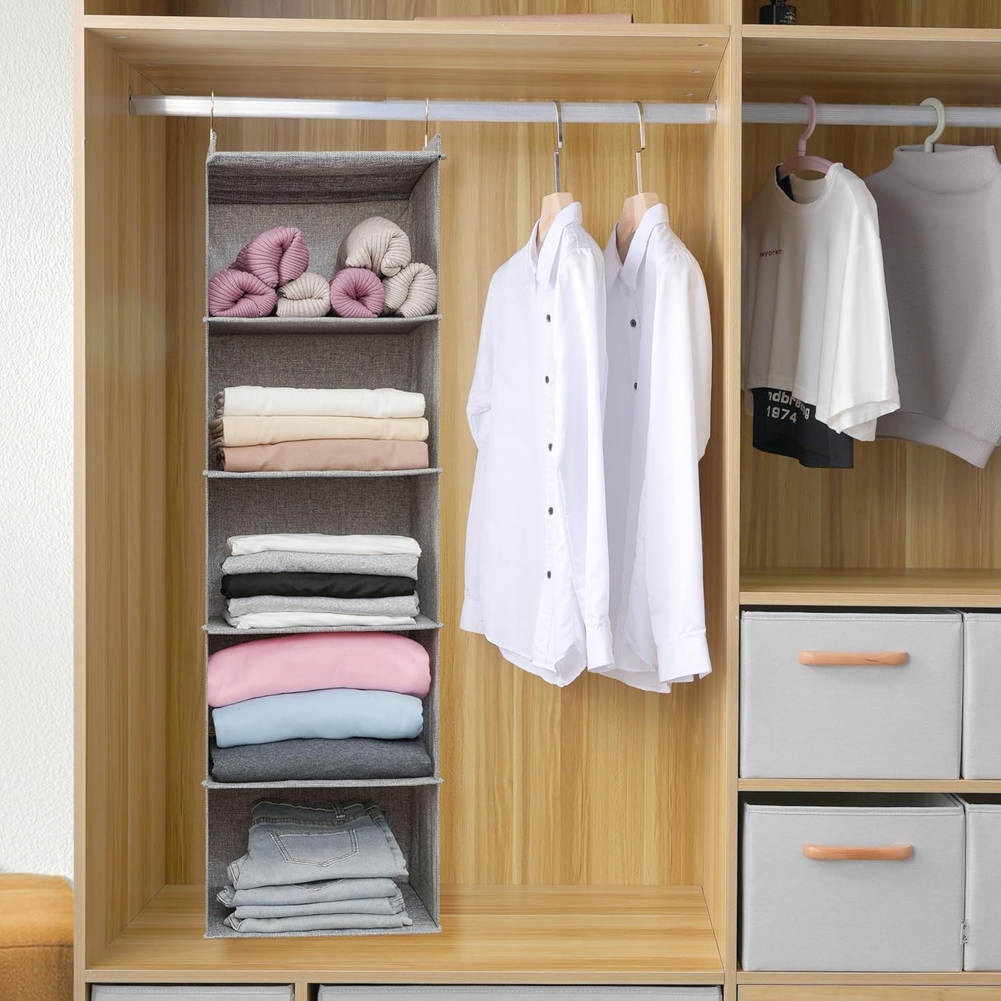 Large Hanging Sweater Organizer for Closet,Collapsible 6-Shelf Hanging Closet Shelves with Drawers, Washable (Grey-6 Shelf)