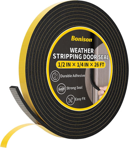 26Ft Weather Stripping Door Seal - 1/2" x 1/4" Door Seal Strip for Door Frame, High Density Foam Insulation Tape, Self Adhesive, Soundproof Gap Filler for Doors, Windows, Sliding & AC Units, White