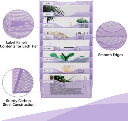 EasyPAG 5 Pocket Mesh Wall File Organizer with Key Hooks, Hanging Paper Folder Holder with Classify Label, Vertical Wall Mount Mail Organizer for Office Home Classroom, Black