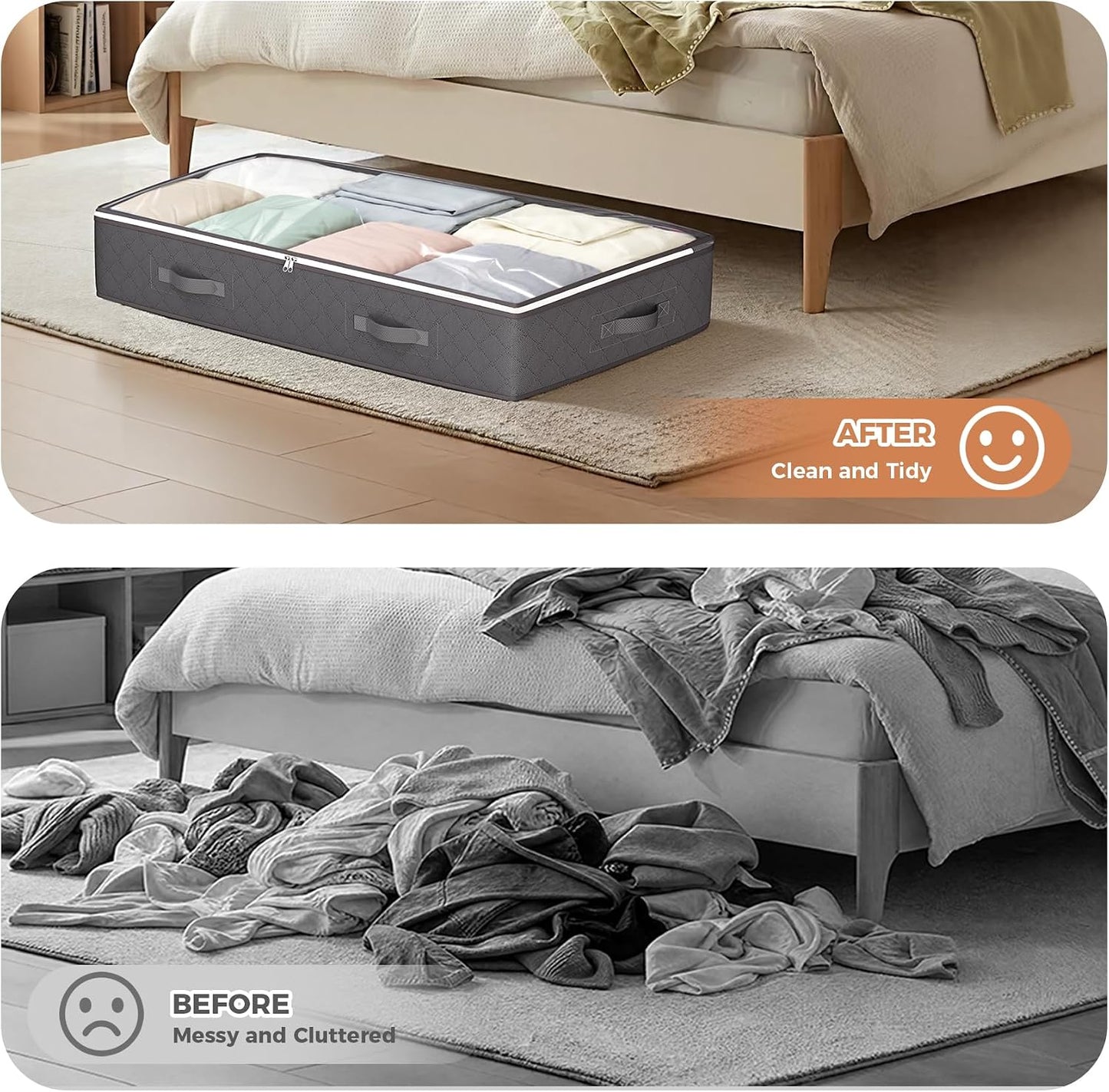 Budding Joy 90L Under Bed Storage Containers, 4 Pack Closet Organizers Grey | Foldable underbed storage bins for linen sheets, blanket, clothing, comforter, sweaters, pillows, wrapping paper