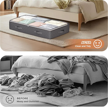 Budding Joy 90L Under Bed Storage Containers, 4 Pack Closet Organizers Grey | Foldable underbed storage bins for linen sheets, blanket, clothing, comforter, sweaters, pillows, wrapping paper