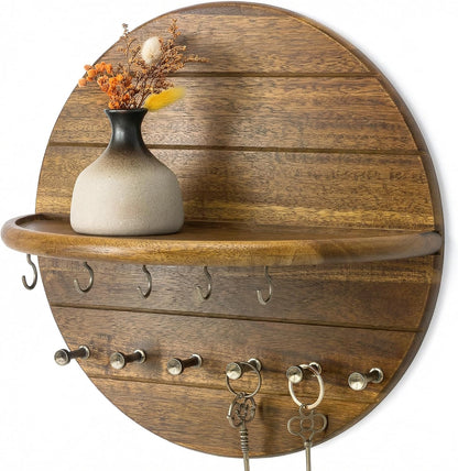 Rebee Vision Pine Wood Key Holder Wall Mount – Rustic Wooden Key Hooks for Wall with Shelf – Decorative Mail Organizer, Coat Rack & Dog Leash Holder for Home Decor, Entryway and Living Room (Brown)