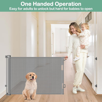 55 Inch Retractable Dog Gate Outdoor Scratch-Resistant Mesh Baby Gate for Stairs Retractable Baby Gates for Doorways Anti-Climb Outdoor Dog Gates for Decks Keep Kid/Pet away from Dangerous Place, Gray