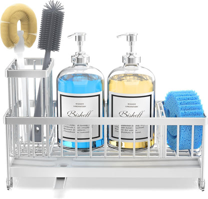 Moforoco Extra Large Sponge Holder for Kitchen Sink Organizer Caddy, Dish Brush Scrubber Holder,Stainless Steel Sink Box Utensil Holder,Soap Dispenser Set Tray Counter Accessories & Storage Rack