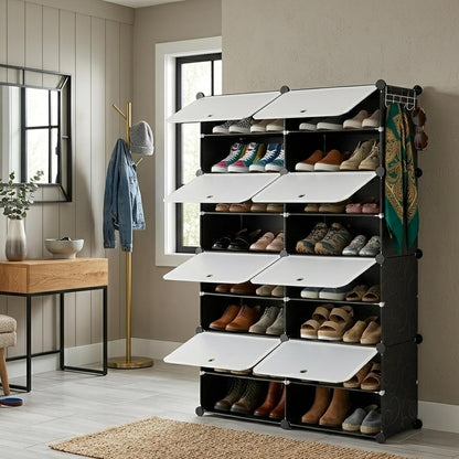 HealSmart Shoe Rack Organizer with Door, Shoe Storage Cabinet, Stackable Plastic Shelves for Closet, Entryway, Hallway, Bedroom, 8-Tier 32-Pair, White
