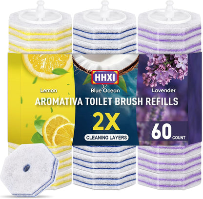 30Ct Aromative Toilet Brush Refills, Toilet Bowl Cleaner Refills, Double-Layer Cleaning Pads Added, Disposable Refill Heads for Toilet Bowl Cleaner Wands，Lemon, Blue Ocean, Lavender （Patented）