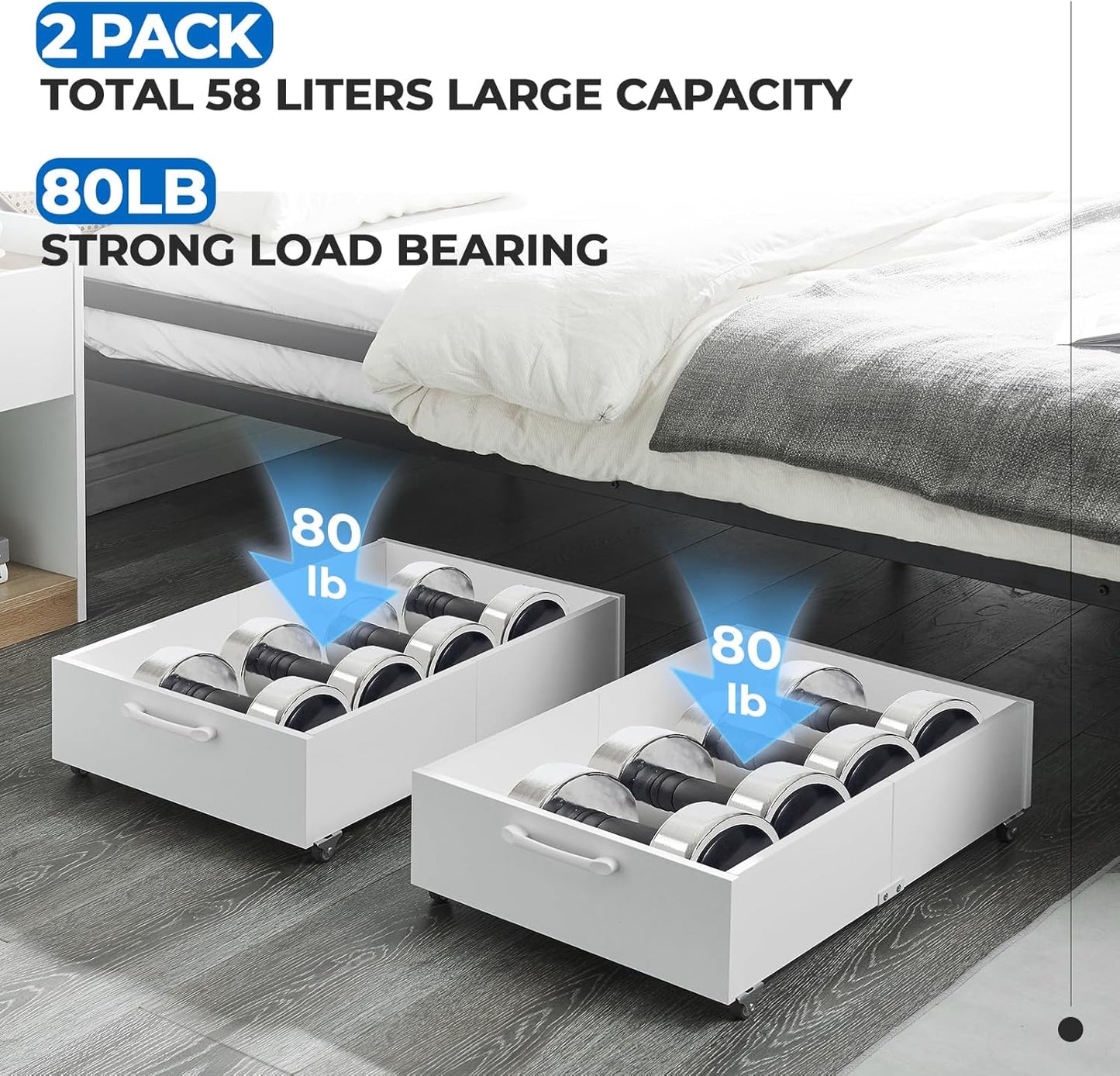 TIOPGHAD 2-Pack Under Bed Storage Drawers Organizer with Wheels, Brown | 58L total capacity, 80 lb per Drawer, Fits 6 in Bed Clearance, Rolling Drawers for Shoes, Clothes, Linens, Toys