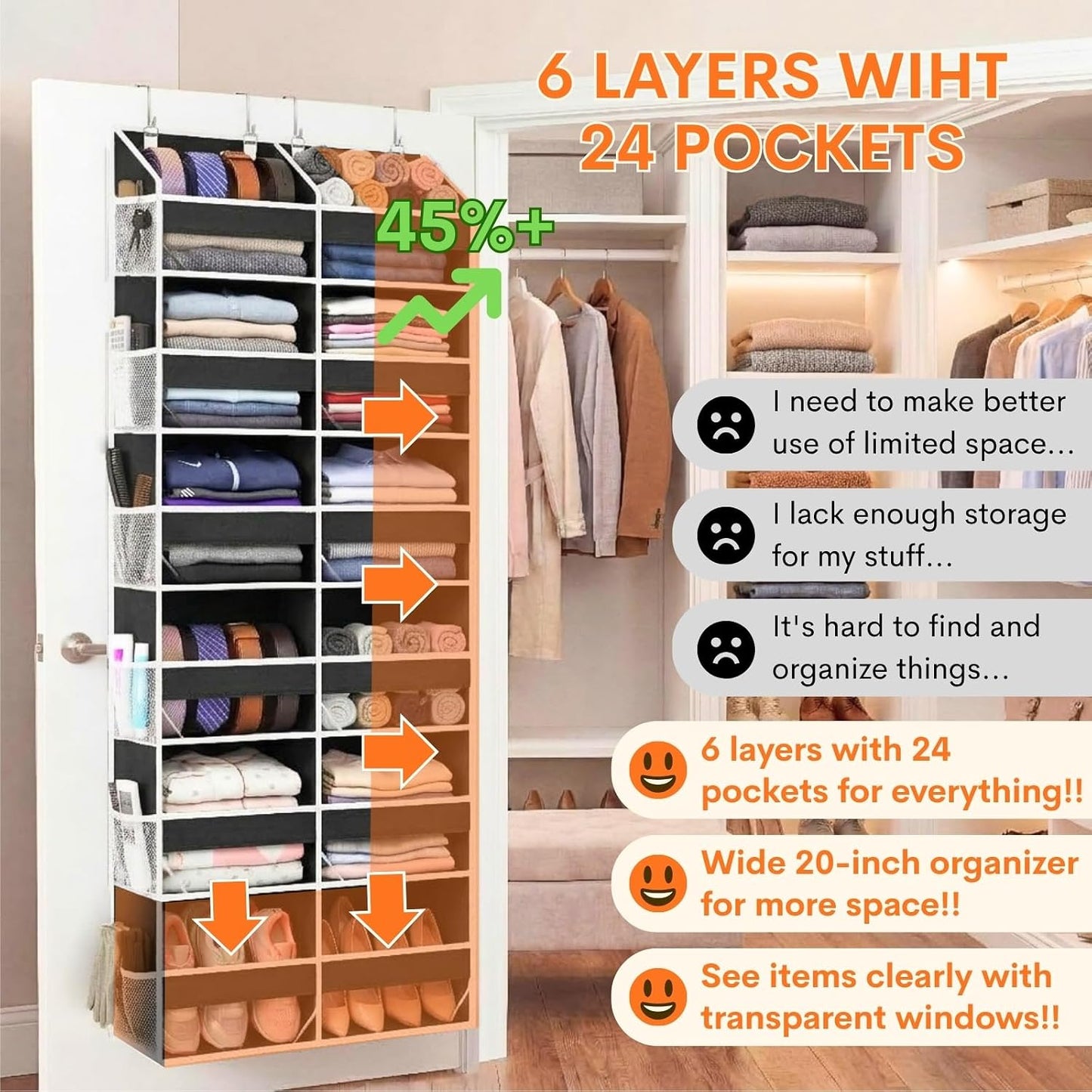 Over The Door Organizer, 5-Tier Extra Large Behind Door Storage with 10 Big Front & 10 Mesh Pockets, 80lb Capacity, Hanging Storage Organizer with Clear Window Kids Toys, Shoes, Diapers, Light Grey
