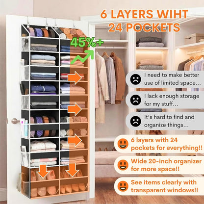 Over The Door Organizer, 5-Tier Extra Large Behind Door Storage with 10 Big Front & 10 Mesh Pockets, 80lb Capacity, Hanging Storage Organizer with Clear Window Kids Toys, Shoes, Diapers, Light Grey