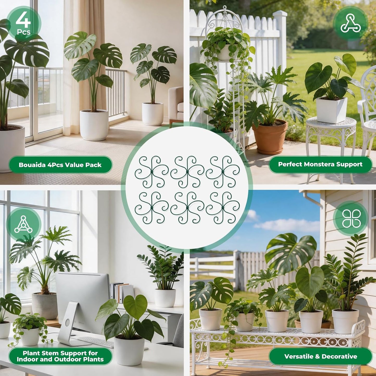 4PCS Monstera Plant Support, 4.1IN Green Metal Plant Stem Support Stakes, Adjustable Indoor Outdoor Potted Climbing Plant Stakes, Monstera Stabilizer Supports