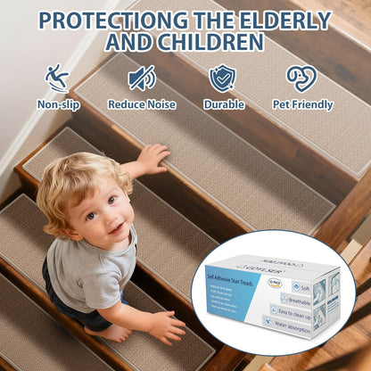 Peel and Stick Carpet Stair Treads for Wooden Steps Set of 15, Non Slip Adhesive Jute Stair Mats Indoor, Rubber Backing Safety Step Pads Mats, Grey, 8"x30"