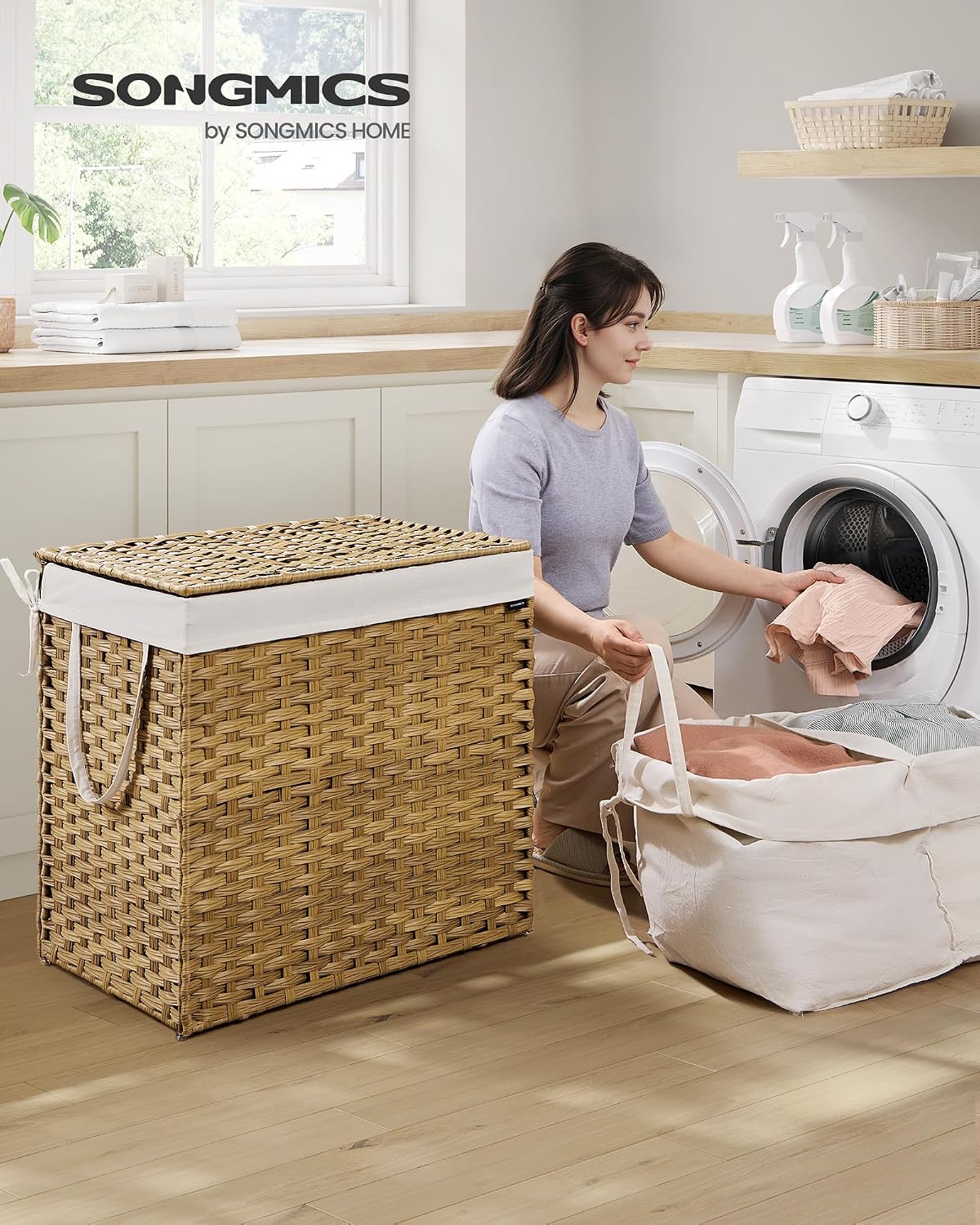 SONGMICS Laundry Hamper with Lid, 23.8 Gallon (90 L) Synthetic Rattan Clothes Laundry Basket with Lid and Handles, Foldable, Removable Liner, Chestnut Brown ULCB051K02