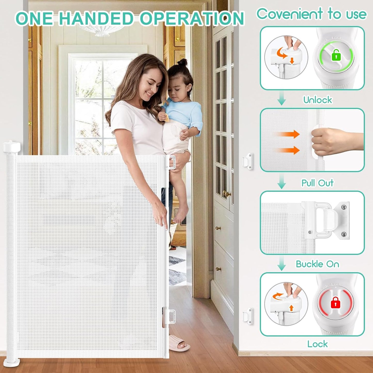 71 inch Retractable Baby Gates, EZIGO Extra Wide Baby Gate for Large Opening Extra Long Mesh Gate for Kids or Pet Dog Gate Child Safety Gate for Stairs Hallways Doorway Indoor Outdoor, Gray