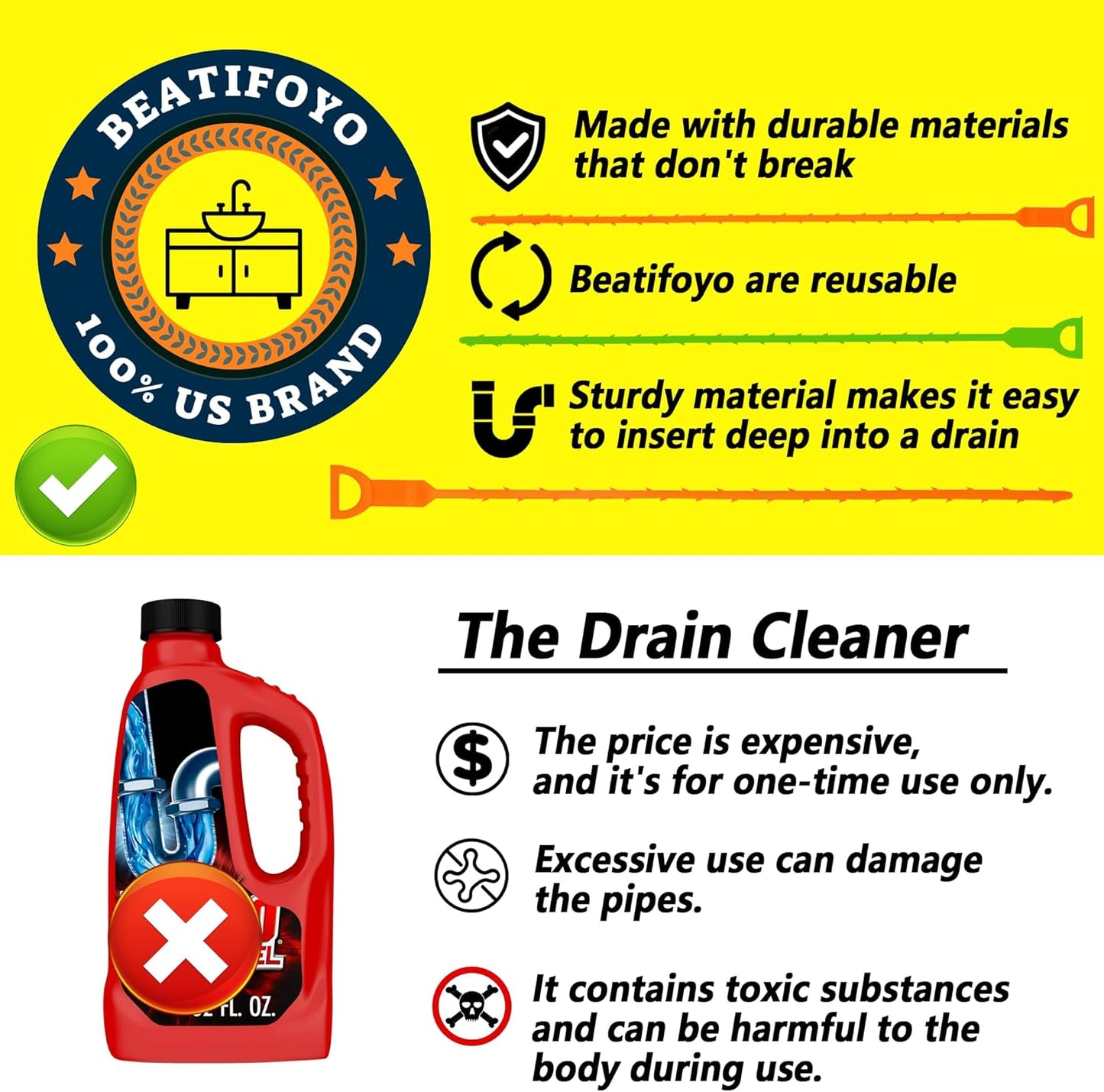 Drain Snake, Drain Clog Remover,Hair snake Tool Opener, sink snake for Sewer Kitchen Sink Bathroom Tub Toilet Clogged Drains Relief Cleaning Tool(1pc 25 Inch +1pc 20inch)