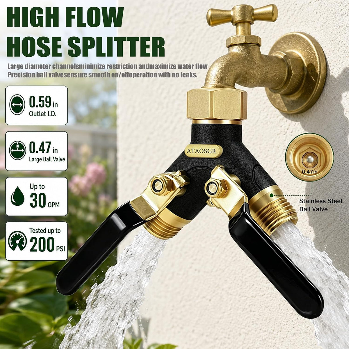 Garden Hose Splitter 2 Way Heavy Duty, Metal Body Water Hose Splitter | with Shut-Off Valve,360° Brass Swivel,3/4'' GHT Connector Full Flow Hose Bib Splitter, For Outdoor Spigot Faucet