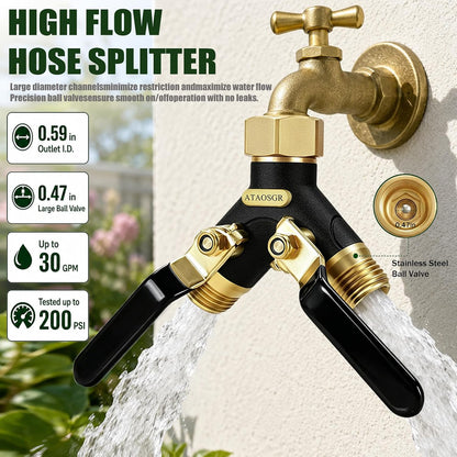 Garden Hose Splitter 2 Way Heavy Duty, Metal Body Water Hose Splitter | with Shut-Off Valve,360° Brass Swivel,3/4'' GHT Connector Full Flow Hose Bib Splitter, For Outdoor Spigot Faucet