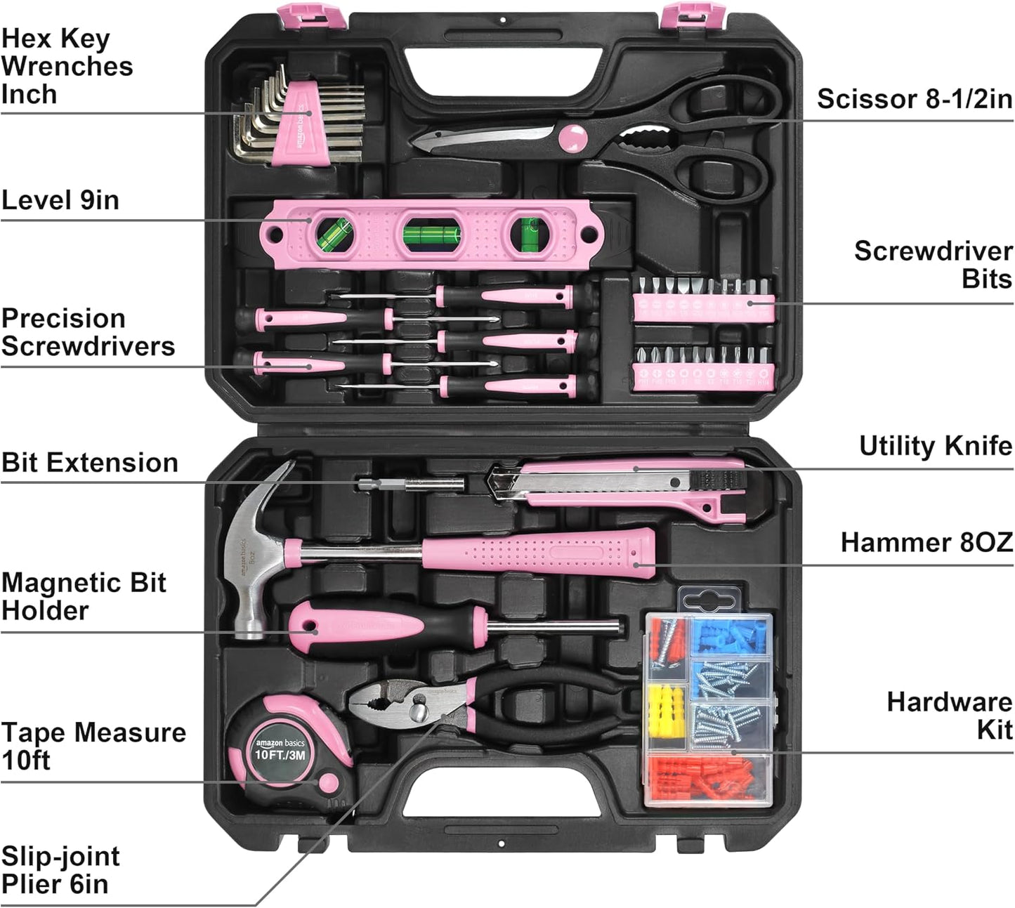 Amazon Basics 142-Piece Household Tool Kit for Home Repair, Hand Tools with Storage Case, 13.39 x 9.25 x 2.95 inch, Turquoise